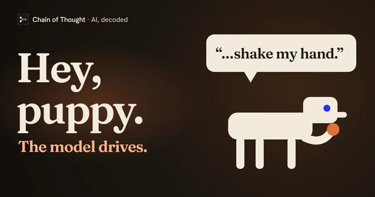 A small robot dog with a speech bubble reading shake my hand, under the words Hey, puppy, beside the line: the model drives.