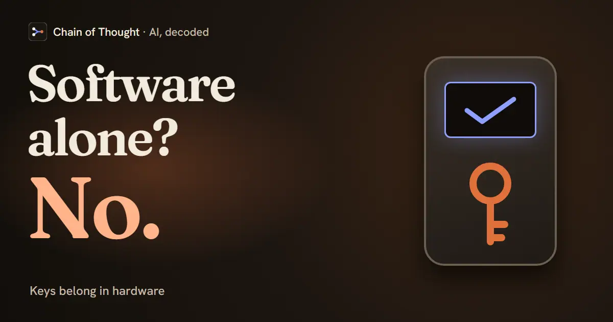 A hardware signing device representing Guillemet’s case for protecting valuable keys, beside the episode’s claim: software alone? No.