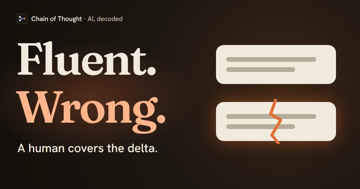 Two speech bubbles, one smooth and one with a hidden crack, beside the words Fluent. Wrong. and the line: a human covers the delta.