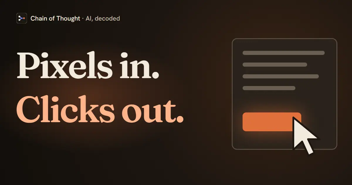 A mouse cursor clicking a button on a plain web page, beside the words Pixels in. Clicks out.