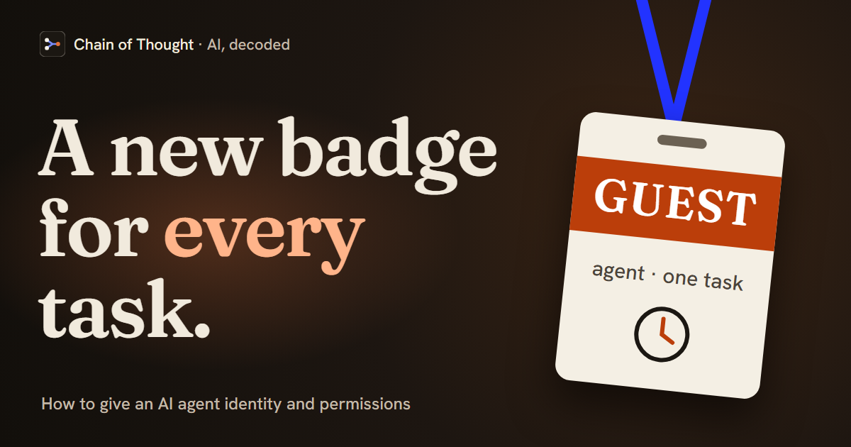 A GUEST badge on a lanyard, marked for one agent and one task with a clock face: each agent instance gets a new, short-lived badge for every task.