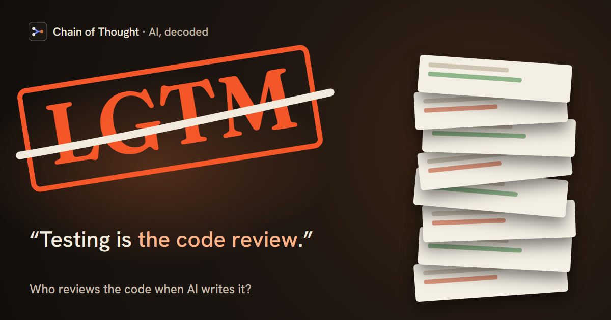 A struck-through LGTM rubber stamp beside a tall pile of pull requests, over AMD's Anush Elangovan's line from episode 56: testing is the code review.